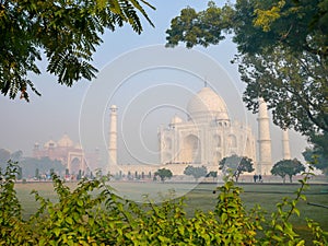 Taj Mahal in foggy morning