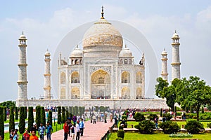 Taj Mahal full view during day time in Agra India, The Taj among 7 Wonders of the World view