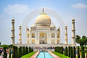 Taj Mahal full view during day time in Agra India, The Taj among 7 Wonders of the World view