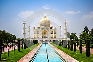 Taj Mahal full view during day time in Agra India, The Taj among 7 Wonders of the World view