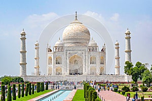 Taj Mahal full view during day time in Agra India, The Taj among 7 Wonders of the World view