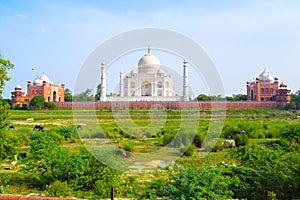 Taj Mahal full view during day time in Agra India, The Taj among 7 Wonders of the World view