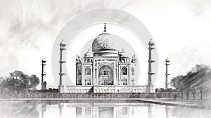 Taj Mahal India illustration in black and white pencil sketch - made with Generative AI tools