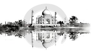 Taj Mahal India illustration in black and white pencil sketch - made with Generative AI tools