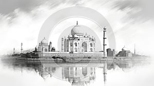 Taj Mahal India illustration in black and white pencil sketch - made with Generative AI tools