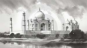 Taj Mahal India illustration in black and white pencil sketch - made with Generative AI tools