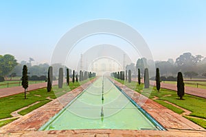 Taj Mahal in India on a misty morning