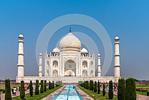 The Taj Mahal is an ivory-white marble Islamic mausoleum.