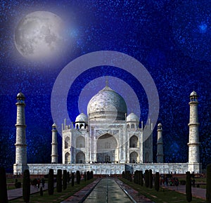 Taj Mahal by the light of the full moon in Agra, Uttar Pradesh, India.