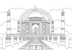 Taj Mahal is a palace in India. Landmark, architecture, Hindu temple. Mosque. Linear drawing, in black and white style. Vector ill