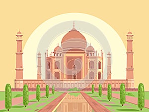 Taj Mahal is a palace in India. Landmark, architecture, Hindu temple. Mosque. Linear drawing, in black and white style. Vector ill