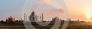 Taj Mahal panorama, view from the Yamuna river at sunset, Agra, India