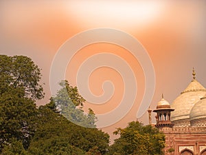 Taj Mahal`s adjacent buildings. Agra, India.Muslim islamic architecture style