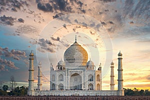 Taj Mahal scenic sunset view with moody sky, in Agra, India