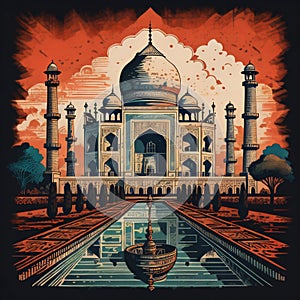 Taj Mahal in the style of a woodblock print