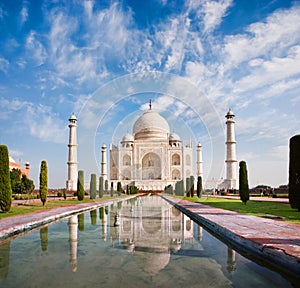 Taj Mahal on a sunny day with beautiful sky