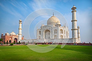 Taj Mahal on a sunny day. An ivory-white marble mausoleum on the south bank of the Yamuna river in Agra, Uttar Pradesh, India.