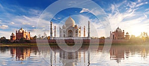 Taj Mahal at sunset and its reflection, place of visit in India, view from Mehtab Bagh, Agra, Uttar Pradesh