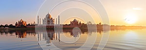 Taj Mahal sunset panorama, view from the Yamuna river, Agra, India