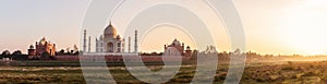 Taj Mahal sunset panorama, view from Yumana river, Agra, India