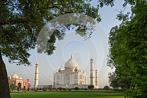 Taj Mahal tomb and green grass at blue sky in Agra, India