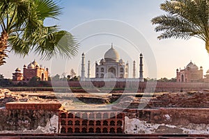 Taj Mahal view from the Mehtab Bagh and the pool ruins, Agra, India