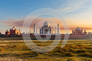 Taj Mahal, view from the Yumana river at sunset, India, Agra