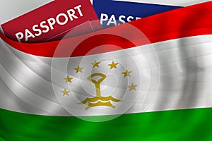 Tajik flag background and passport of Tajikistan. Citizenship, official legal immigration, visa, business and travel concept