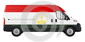 Tajik flag painted on commercial delivery van. Freight delivery in Tajikistan, concept. 3D rendering