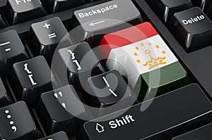 Tajik flag painted on computer keyboard. Online business, education, shopping in Tajikistan concept. 3D rendering