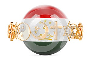 Tajik flag painted on sphere with religions symbols around, 3D rendering