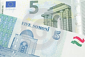 Tajik money close up with European money