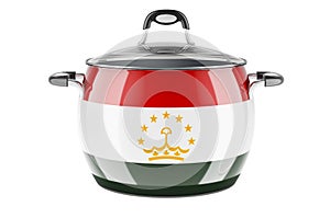 Tajik national cuisine concept. Tajik flag painted on the stainless steel stock pot. 3D rendering