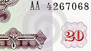 Tajikistan 20 rubles banknote closeup macro bill fragment with nominal value