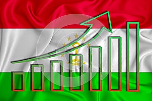 Tajikistan flag with a graph of price increases for the country`s currency. Rising prices for shares of companies and