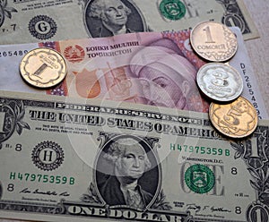 Tajikistan money somoni coins and US dollar banknote