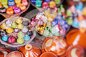 Tajines in the market in Morocco. Selective Focus