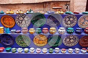 Tajines, plates and pots at the market in Morocco