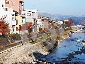 Takayama city and  Miyagawa river with bridges in Japan autumn