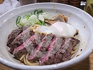 Takayama, Japan - April 15, 2018 : hida beef Ramen with onsen egg