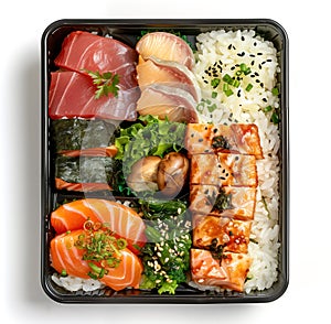 Take-away box with rice and a variety of seafood, sushi, and green vegetables. Asian takeout food. Generative AI