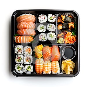 Take-away box with a variety of sushi and seafood, accompanied with soy sauce, ginger, and wasabi. Asian food. Generative AI