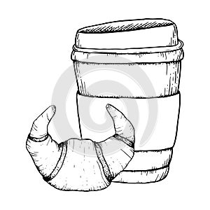 Take away coffee cup with butter croissant black and white line vector illustration for breakfast coffee break design