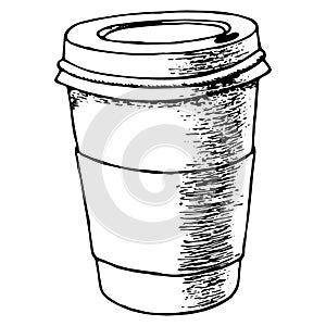 Take away coffee cup. Contour hand drawn sketch. Vector illustration isolated on white background.