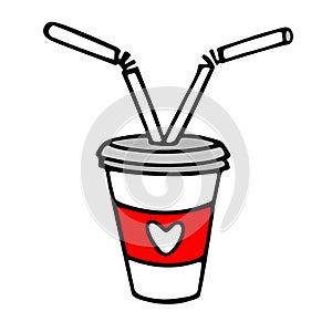 Take away coffee cup for couple in love. Doodle hand drawn vector illustration.
