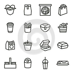 Take Away Food Black Thin Line Icon Set. Vector