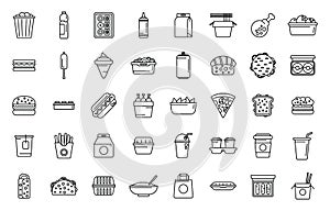 Take away food and drinks icons set outline vector. Burger cinema