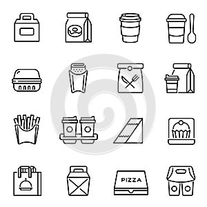 Take away food and drinks linear icons set photo