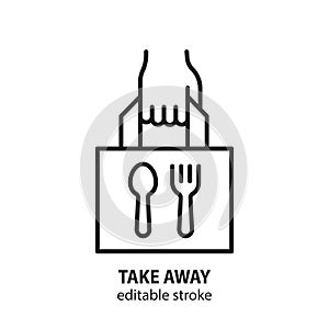 Take away food line icon. Takea out service vector symbol. Editable stroke photo