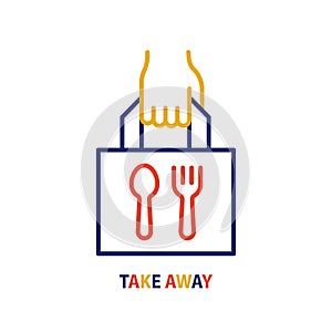 Take away food line icon. Hand and paper bag simbol. Takeaway service vector sign